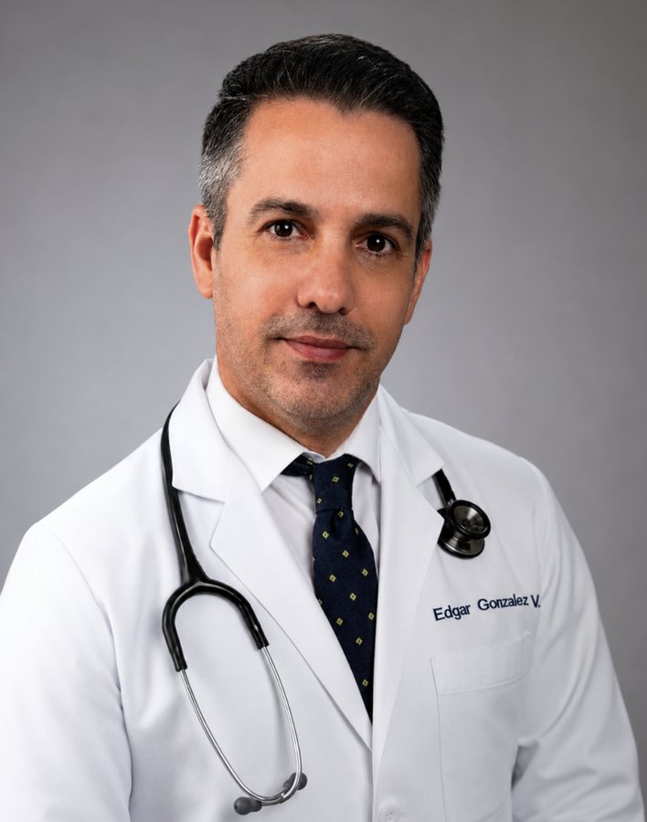 Portrait of Dr. Edgar Gonzalez in a white coat with a stethoscope